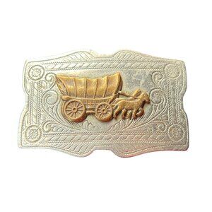 Vintage Western Belt Buckle Horses Pulling Covered Wagon Nickle Silver Arizona